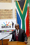 The Minister of Telecommunication and Postal Services, Siyabonga Cwele, delivers the main address at the BRICS Roadshow Northern Cape Stakeholders Engagement Session, Northern Cape Rural TVET College, Upington, Northern Cape, 19 July 2018.