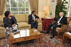 Deputy Minister Ebrahim Ebrahim meets with Dr Nabil Al-Araby, Secretary General of the League of Arab States, Cairo, Egypt, 26 February 2012. Seated far left is South Africa's Ambassador based in Cairo, Mrs N Myende-Sibiya.