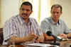 Minister of Foreign Affairs Jean-Paul Adam of Seychelles and Deputy Minister Marius Fransman during a Press Conference after the SADC Troika Meeting on Madagascar hosted by Seychelles, 26 July 2012.
