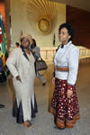 Minister Maite Nkoana-Mashabane and Minister Nkosazana Dlamini Zuma stand outside the AU Main Plenary Hall inside the AU Building, 14 July 2012.