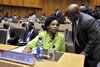 Minister Maite Nkoana-Mashabane speaks to South Africa's Ambassador to the African Union, Mr Lungile Pepani, 12 July 2012.