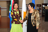 Minister Nkoana Mashabane is greeted by the Foreign Minister of Cyprus, H E Dr Erato Kozakou-Marcoullis, as she arrives for Bilateral Discussions, Cyprus, 21 September 2012.