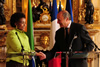 Minister Maite Nkoana-Mashabane and Foreign Minister Laurant Fabius shake hands at the conclusion of the Press Briefing, Paris, France.