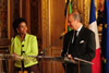 Minister Maite Nkoana-Mashabane and Foreign Minister Laurant Fabius share a light moment during the Press Briefing, Paris, France.