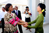 Minister Maite Nkoana-Mashabane and Mrs Daw Aung San Suu Kyi, leader of the National League of Democracy(NLD), greet each other at the home of the NLD leader, Nay Pyi Taw, Myanmar, 4 September 2012.