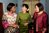 Minister Maite Nkoana-Mashabane, Mrs Daw Aung San Suu Kyi, leader of the National League of Democracy and Ms Ruby Marks, South African Ambassador to Thailand (also accredited to Myanmar) share a light moment at the conclusion of the Meeting at the home of the NLD leader, Nay Pyi Taw, Myanmar, 4 September 2012.
