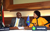 Minister Maite Nkoana-Mashabane and the SADC Executive Secretary, Dr Augusto Salomao, converse at the commencement of the SADC Ministerial Committee of the Organ Meeting, Pretoria, South Africa, 30 July 2012.