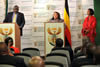 Minister Maite Nkoana-Mashabane with Minister Sam Kutesa of Uganda; during a Press Conference. The Minister of Defence, Ms Nosiviwe Mapisa-Nqakula of South Africa; is also present, Pretoria, South Africa, 9 November 2012.