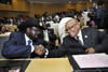 President Jacob Zuma greets President Salva Kirr of South Sudan during the opening event of the AU Summit, 15 July 2012.