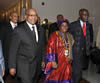 President Jacob Zuma walks with Minister Nkosazana Dlamini Zuma after the AU Candidature Vote, next to her is SADC Executive Secretary, Dr Thomaz Salomãu, 15 July 2012.
