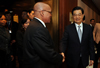 President Jacob Zuma greets President Hu Jintao at the Bilateral Meeting on the sidelines of the Nuclear Security Summit 2012 held in Seoul, on 25 March 2012.