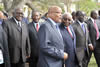 President Jacob Zuma walks next to President Armando Emílio Guebuza of Mozambique and President Robert Mugabe of Zimbabwe (far right) on their way to the SADC Summit Official Opening. President Hifikepunye Pohamba of Namibia and President Michael Sata of Zambia (right), walk behind them, 17 August 2012.