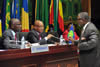 President Jacob Zuma chairs a SADC Troika Meeting ahead of the SADC Summit to be held in Maputo, Mozambique. Seated next to the President is SADC Executive Secretary, Dr Thomaz Salomao. They are having a discussion with South African High Commissioner to Mozambique, Mr Charles Ngqakula, 16 August 2012.