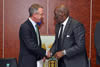 Deputy Minister of Agriculture, Forestry and Fisheries, Mr Bheki Cele; and New Zealand High Commissioner, Mr Richard Mann; shake hands after Deputy Minister Bheki Cele opened the New Zealand - South Africa Workshop on Food Safety Systems for Export, Pretoria, South Africa, 2 September 2014.