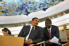 Deputy Minister Marius Fransman and the Deputy Permanent Representative of the South African Permanent Mission in New York, Doctor Mashabane, during the High Level Segment, Geneva, Switzerland, 03 July 2013.