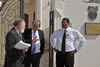 Deputy Minister Marius Fransman (far right) and Mr Fanus Venter (Corporate Services Manager at the Abu Dhabi South African Embassy, pictured in the centre) with Professor Cyril Karabus outside the South African Embassy in Abu Dhabi, United Arab Emirates, 3 March 2013.