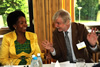 Minister Maite Nkoana-Mashabane and Finnish Foreign Minister Erkki Tuomioja share a light moment during a lunch hosted before the start of the 13th Nordic-Africa Foreign Ministers Meeting, Hameenlinna, Finland, 15-16 June 2013.