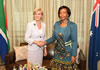 Minister Maite Nkoana-Mashabane welcomes the Minister of Foreign Affairs of Australia, Julie Bishop, as she arrives for Bilateral Ccnsultations, Pretoria, South Africa, 11 September 2014.