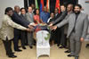left to right: Deputy High Commissioner of India, Mr Armstrong; Ambassador of China, Tian Xuejun; Minister Maite Nkoana-Mashabane; KwaZulu-Natal Premier, Dr Zweli Mkhize; Mayor of Ethekweni Municipality, Cllr James Nxumalo; Ambassador of the Russian Federation, Mikhail I. Petrakov; and Ambassador of Asia and the Middle East, A Sooklal; at the KwaZulu-Natal BRICS road show held at the Moses Mabhiba Stadium, Durban South Africa, 5 March 2013.