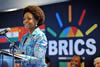 Minister Maite Nkoana-Mashabane with Minister Rob Davies attend the Business BRICS Colloquium. Seated next to the Minister Nkoana-Mashabane is Patrice Motsepe and on her right is Progressive Business Forum, Mr Renier Schoeman, Durban, South Africa, 25 March 2013.