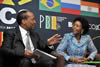 Minister Maite Nkoana-Mashabane with Minister Rob Davies attend a Business BRICS Colloquium. Seated next to the Minister Nkoana-Mashabane is Patrice Motsepe, Durban, South Africa, 25 March 2013.