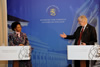 Foreign Minister of Finland, Erkki Tuomioja gestures to Minister Maite Nkoana-Mashabane during a press briefing held following a working lunch in Helsinki, 14 June 2013.