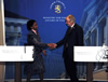 Foreign Minister of Finland, Mr Erkki Tuomioja and Minister Maite Nkoana-Mashabane shake hands at the conclusion of the Press Briefing held following a Working Lunch, Helsinki, Finland, 14 June 2013.