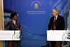 Foreign Minister of Finland, Mr Erkki Tuomioja and Minister Maite Nkoana-Mashabane glance at each other during a Press Briefing held following a Working Lunch, Helsinki, Finland, 14 June 2013.