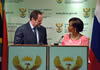 Minister Maite Nkoana-Mashabane with the Minister of Natural Resources and Environment of the Russian Federation, Mr Sergey Donskoy, during a press briefing, OR Tambo Building, Pretoria, South Africa, 7 November 2014.
