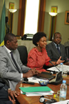 Minister of Arts and Culture, Paul Mashatile; Minister Maite Nkoana-Mashabane and Foreign Minister Mankeur Ndiaye of Senegal during the Ministerial Meeting, ahead of the State Visit by H E President Jacob Zuma to Dakar, Senegal, 30 September 2013.