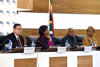 President Jacob Zuma at the Heads of Missions Conference. Seated on the panel is left to right: Deputy Minister Luwelyn Landers, Minister Maite Nkaona-Mashabane and Deputy Minister Nomaindiya Mfekheto, Pretoria, South Africa, 31 August 2014.