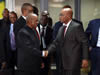 President Jacob Zuma shakes hands with President Tom Thabane of Lesotho on their way towards the conference venue, Pretoria, South Africa, 15 September 2014.