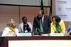 On the podium, left to right: The African Union Commission Chairperson, Dr Nkosazana Dlamini Zuma, Foreign Minister Simbarashe Mumbengegwi of Zimbabwe (Chairperson of the Meeting), and Minister Maite Nkoana-Mashabane, Sandton, Johannesburg, South Africa, 11 June 2015.