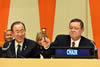 Deputy Minister Luwellyn Landers with UN Secretary Geneneral, Mr Ban Ki Moon, at the G77 plus China Handover of Chairmanship Ceremony. President Evo Morales Ayma of Bolivia handed over to Deputy Minister Landers during the ceremony, New York, USA, 8 January 2015.