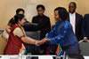Minister Maite Nkoana-Mashabane with her Indian Counterpart Minister of External Affairs and Overseas Indian Affairs, Ms Sushma Swaraj, at the 9th South Africa-India Joint Ministerial Commission, Durban, South Africa, 19 May 2015.
