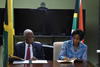 Minister Maite Nkoana-Mashabane signs a Memorandum of Understanding on the Establishment of Political Consultations at the conclusion of the Bilateral Meeting as the Minister of Foreign Affairs and Foreign Trade, Senator Arnold J. Nicholson, QC, of Jamaica looks on, Kingston, Jamaica, 20-22 September 2015.