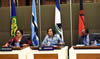 Minister Maite Nkoana-Mashabane with the SADC Executive Secretary, Dr Stergomena Lawrence Tax; and Foreign Minister Simbarashe Mumbengegwi of Zimbabwe, at the commencement of the Ministerial Double Troika Meeting, Pretoria, South Africa, 3 July 2015.