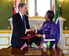 Minister Maite Nkoana-Mashabane is greeted by the Secretary of State, RT Hounorable Phillip Hammond, of the United Kingdom, as she arrives at the Foreign Office for the Bilateral meeting, London, United Kingdom of Britain, 19 October 2015.