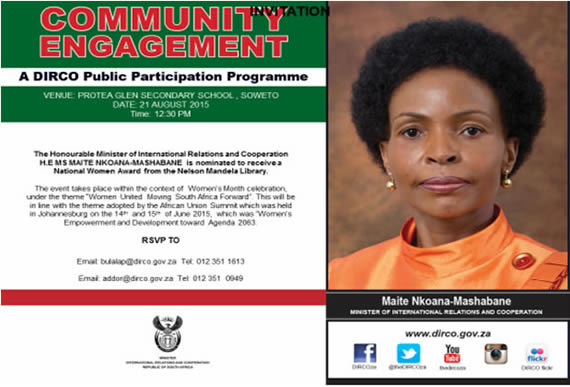 Minister Nkoana-Mashabane to receive a National Women Award from the Nelson Mandela Library, Soweto, South Africa, 21 August 2015