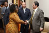 Prime Minister, Sir Anerood Jugnauth of Mauritius greets Deputy Minister Nomaindiya Mfeketo after the opening of the First Indian Ocean Rim Association (IORA) Ministerial Blue Economy Conference. Standing in the middle, is the Mauritius Minister of Foreign Affairs, Regional Integration and International Trade, Mr Etienne Sinatambou, Port Louis, Mauritius, 2-3 September 2015.