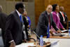 President Jacob Zuma during the SADC Extraordinary Double Troika Summit. On the left is President Robert Mugabe, Chairperson of the SADC Troika Meeting, and in the background is Minister Maite Nkoana-Mashabane, Pretoria, South Africa, 20 February 2015.