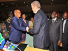 President Jacob Zuma is greeted by the Prime Minister of Algeria, H E Abdelmalek Sellal, as President Robert Mugabe of Zimbabwe, Minister Maite Nkoana-Mashabane and Minister Radebe look on, Addis Ababa, Ethiopia, 29 January 2015.