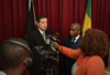 Deputy Minister Luwellyn Landers addresses the media during his official visit, Libreville, Gabon, 12 May 2016.