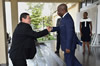 Deputy Minister Luwellyn Landers is greeted by the Deputy Minister of Foreign Affairs of the Republic of Gabon, Mr Calixte Isidore Nsie Edang, during his official visit to Libreville, Gabon, 12 May 2016.
