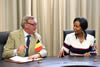 Minister Maite Nkoana-Mashabane together with the Belgian Ambassador to South Africa, Ambassador Hubert Cooreman, and Flanders Representative in South Africa, Dr Geraldine Reymenents, sign the Gainful Occupation of Spouses of Diplomatic and Consular Staff, Pretoria, South Africa, 14 January 2016.
