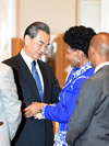 Minister Maite Nkoana-Mashabane is welcomed by the Foreign Minister of China, Mr Wang Yi, at the Tenth BRICS Ministers of Foreign Affairs Meeting, New York, USA, September 20, 2016.