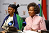 Minister Maite Nkoana-Mashabane addresses the media ahead of her Budget Vote. Seated next to her is Deputy Minister Nomaindiya Mfeketo and Director-General, Ambassador Jerry Matjila, Parliament, Cape Town, South Africa, 3 May 2016.