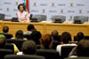 Minister Maite Nkoana-Mashabane interacts with university students after delivering her Department's Budget Vote speech in Parliament. Seated next to her is Director General, Ambassador Jerry Matjila, and on the far left is Deputy Director General (DDG), Clayson Monyela, Cape Town, South Africa, 3 May 2016.