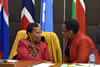 Ms Gertrude Shope attends the Annual Dialogue Forum on Conflict Resolution and Peace-Making hosted by the Department of International Relations and Cooperation. Seated next to her is the Deputy Director General, Yoliswa Maya, from the Department of International Relations and Cooperation, Pretoria, South Africa, 11 August 2016.