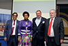 Group photograph: (left to right) Mr Iqbal M Surve from Sekunjalo, Minister Maite Nkoana-Mashabane, the President of Asia – Pacific, Middle East, Africa & Turkey British Telecommunications, Mr Kevin Taylor, and the Minister of Trade and Industry, Mr Rob Davies, Durban, South Africa, 3 May 2017.